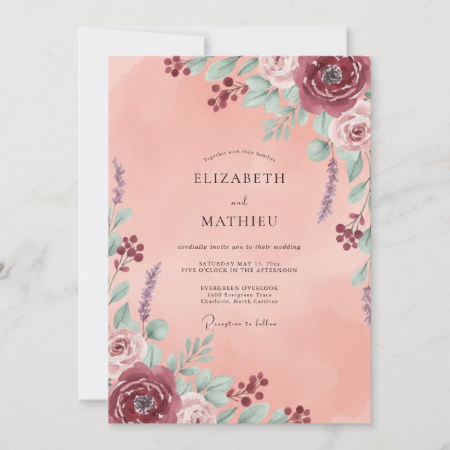 Coral Aqua Ranunculus Eucalyptus Wedding Invitation (Front)