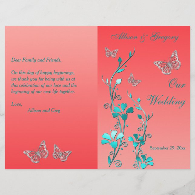 Coral Aqua Silver Butterfly Floral Wedding Program (Front)