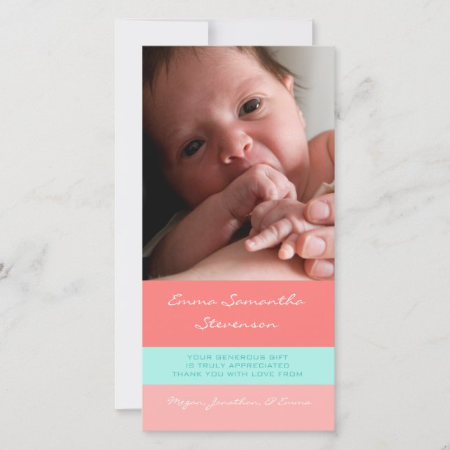 Coral Aqua Thank You Baby Shower Photo Cards (Front)