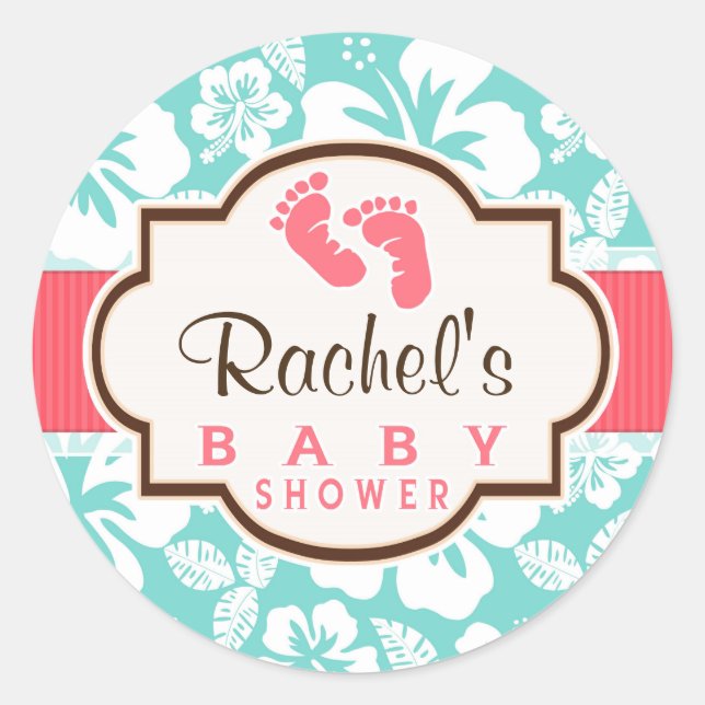 Coral, Aqua Tropical Baby Shower Classic Round Sticker (Front)