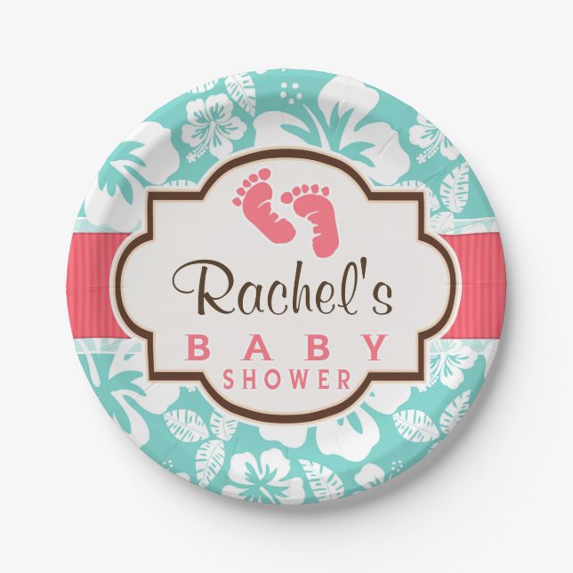 Coral, Aqua Tropical Baby Shower Paper Plate (Front)