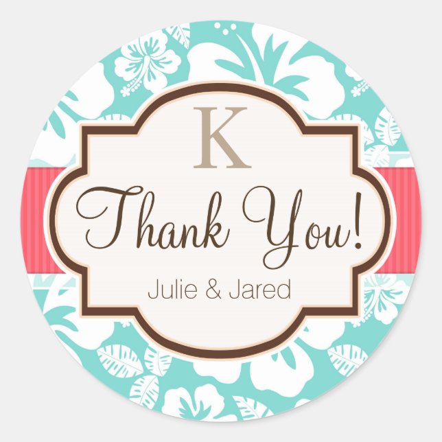 Coral, Aqua Tropical Wedding Classic Round Sticker (Front)