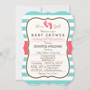 Coral, Aqua, & White Stripes Baby Shower Invitation