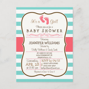 Coral, Aqua, & White Stripes Baby Shower Invitation Postcard