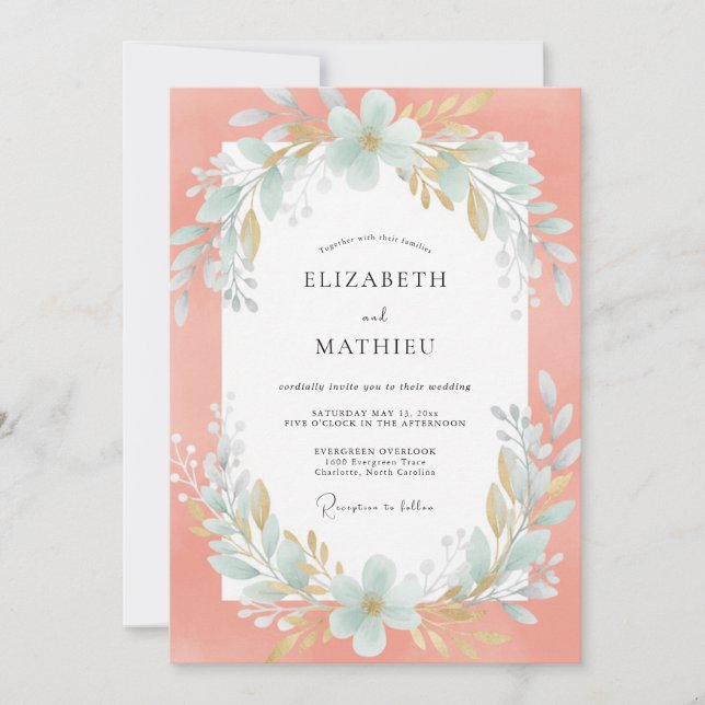 Coral Aqua Wreath Wedding Invitation (Front)