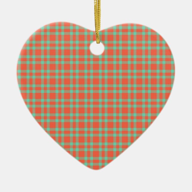 Coral Aquamarine Plaid Pattern Ceramic Tree Decoration (Front)