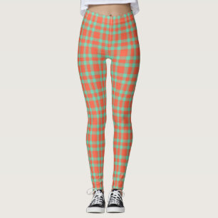 Coral Aquamarine Plaid Pattern Leggings