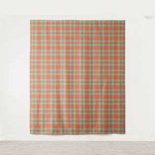 Coral Aquamarine Plaid Pattern Tapestry