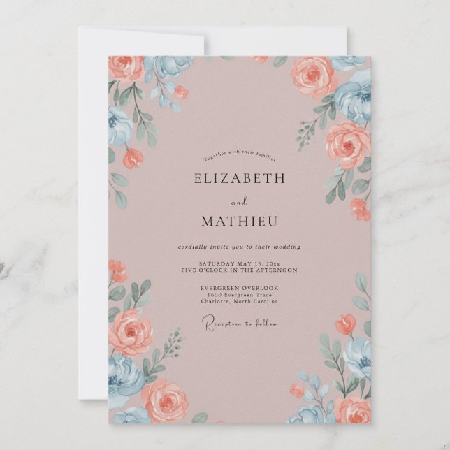 Coral Ash Leafy Wedding Invitation (Front)