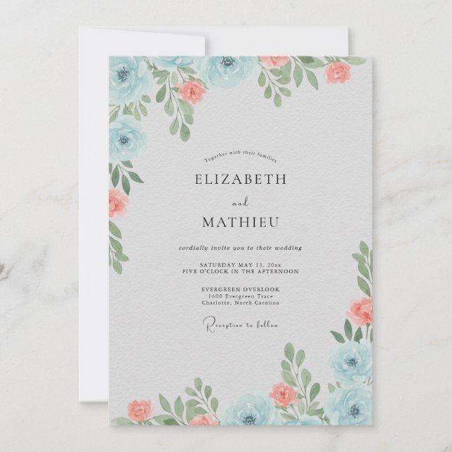 Coral Azure Leafy Wedding Invitation (Front)