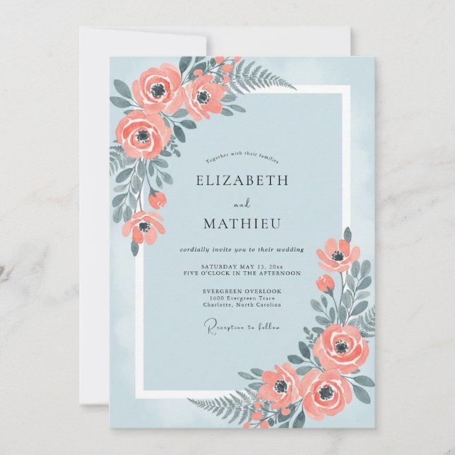 Coral Azure Painted Wedding Invitation (Front)