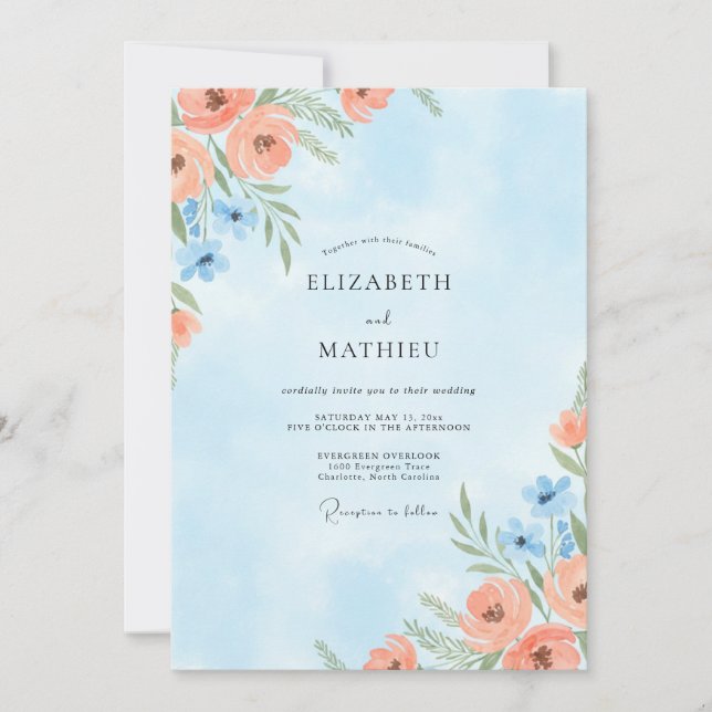 Coral Azure Poppy Wedding Invitation (Front)