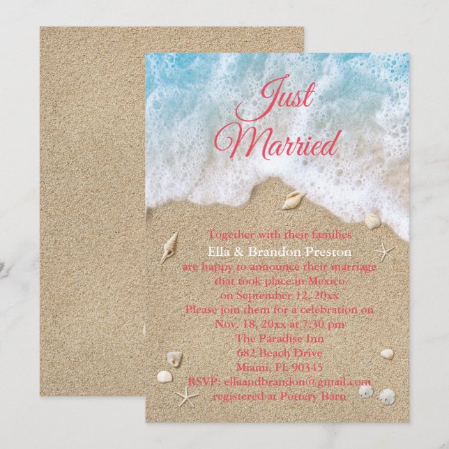 Coral Beach Waves Just Married Post Wedding Invitation (Front/Back)