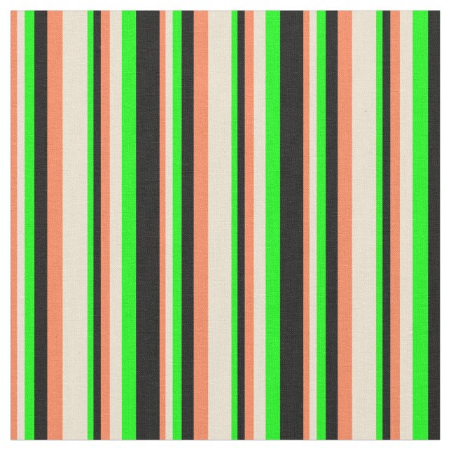 Coral, Beige, Lime & Black Coloured Stripes Fabric (Close Up)