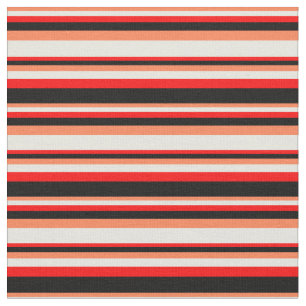 Coral, Beige, Red & Black Coloured Lined Pattern Fabric