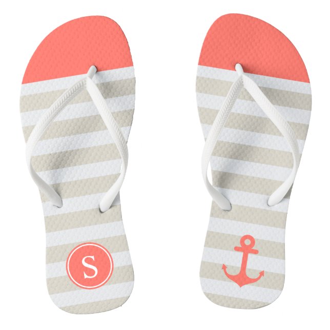 Coral Beige Strips - Cute Nautical Anchor Monogram Flip Flops (Footbed)
