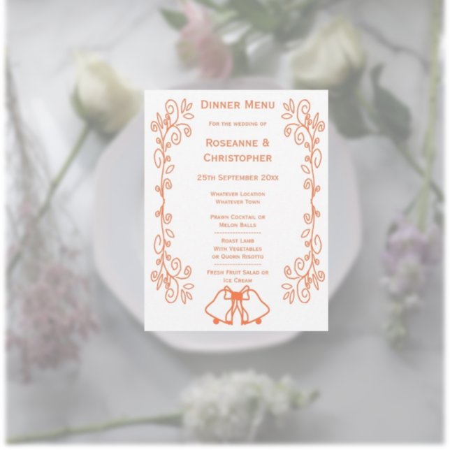 Coral Bells Scrollwork Design Wedding Menu (Coral wedding menu bells and scrollwork design)