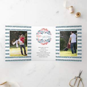 Coral berries and stripes Christmas photo collage  Tri-Fold Holiday Card