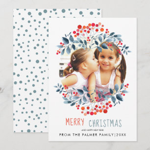 Coral berries, dusty blue leaves Christmas photo H Holiday Card