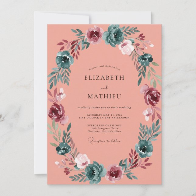 Coral Berry Wreath Wedding Invitation (Front)