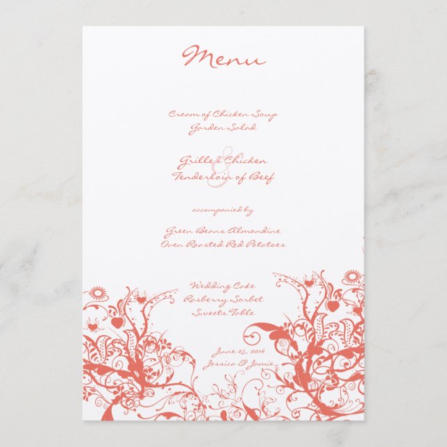 Coral Birds and Swirls Wedding Menu (Front)