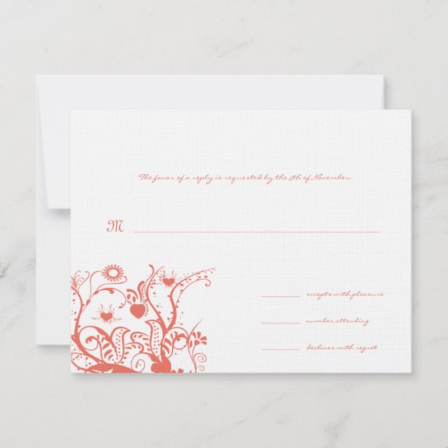 Coral Birds & Swirls Wedding RSVP Response Card (Front)