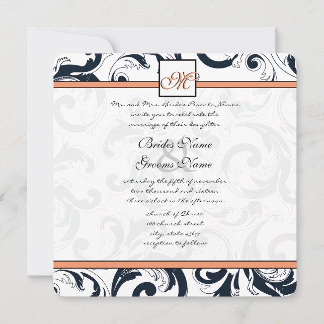 Coral & Black Damask Swirls Wedding Invitation (Front)