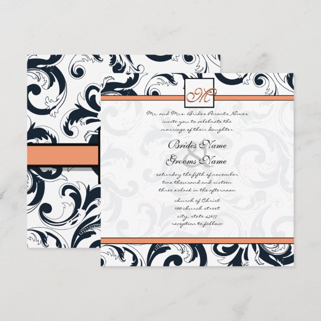 Coral & Black Damask Swirls Wedding Invitation (Front/Back)
