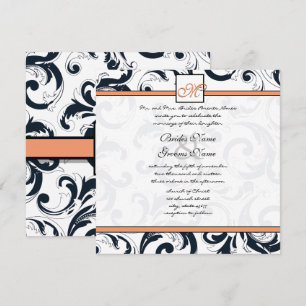 Coral & Black Damask Swirls Wedding Invitation
