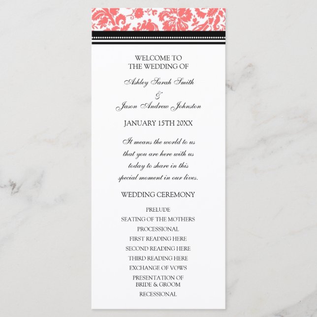 Coral Black Damask Wedding Program Programme (Front)