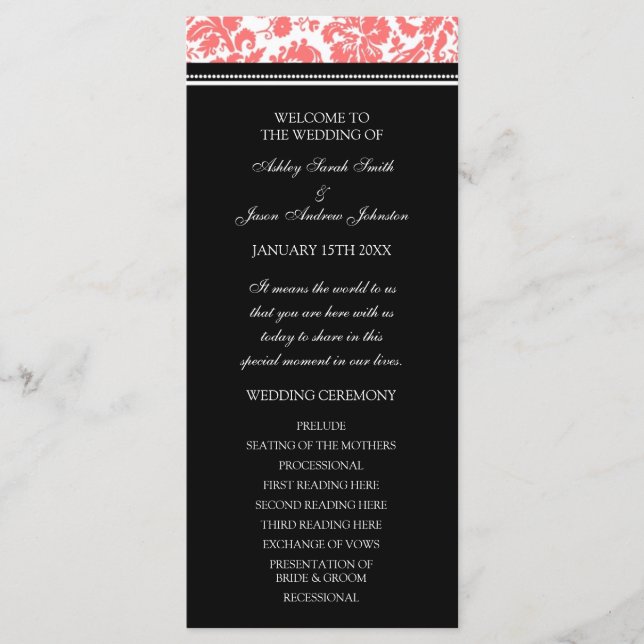 Coral Black Damask Wedding Program Programme (Front)