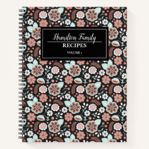 Coral Black Floral Family Recipe Cookbook Notebook