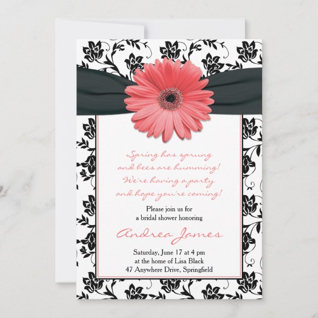 Coral Black Gerbera Daisy Bridal Shower Invitation (Front)
