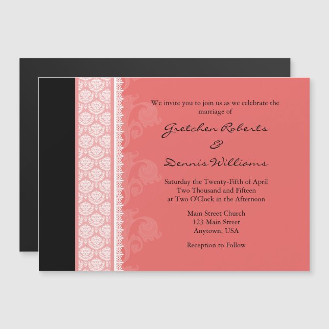 Coral Black Modern Magnetic Wedding Invitation (Front/Back)