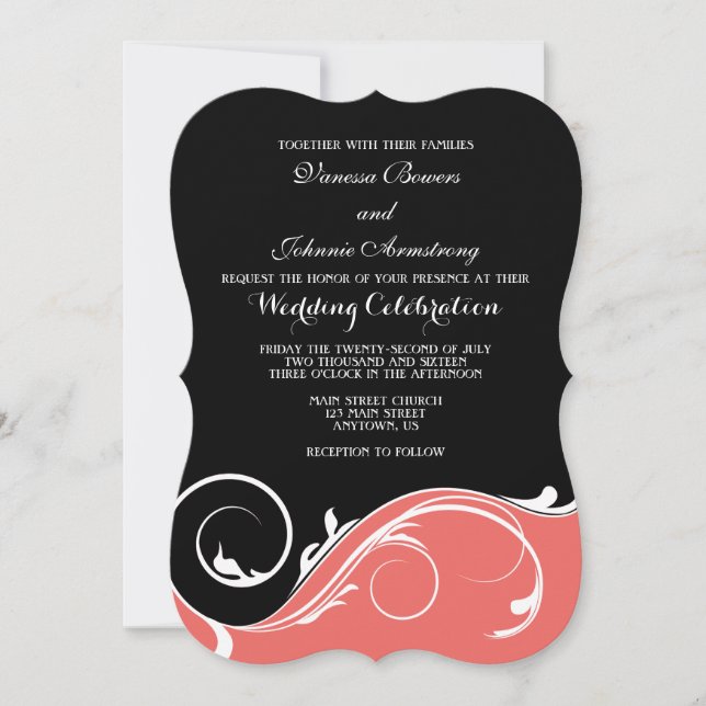 Coral Black Swirl Bracket Wedding Invites (Front)