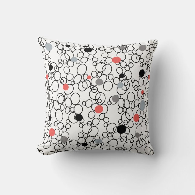 Coral Black White Circles, Dots Cushion (Front)