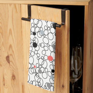 Coral Black White Circles, Dots Tea Towel