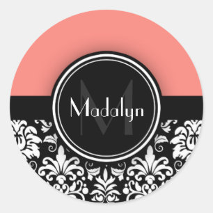 Coral Black White Damask Monogram Letter Classic Round Sticker