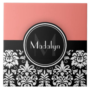 Coral Black White Damask Monogram Letter Tile