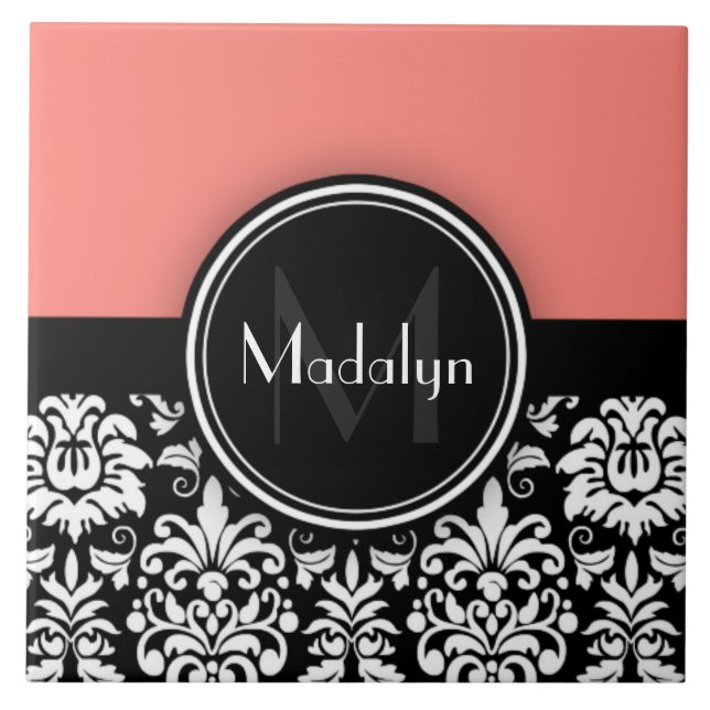 Coral Black White Damask Monogram Letter Tile (Front)