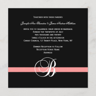 Coral Black White Monogram B Wedding Invitation