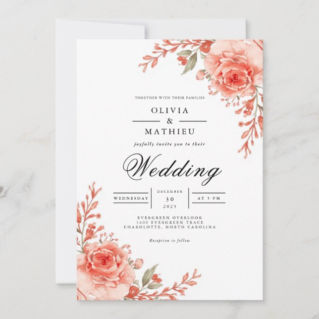 Coral Bloom Accent Wedding Invitation (Front)