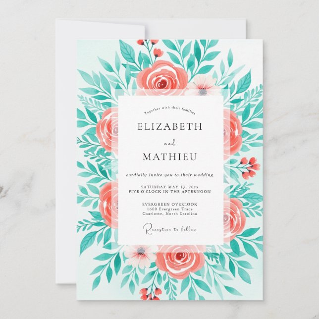 Coral Bloom Botanical Wedding Invitation (Front)