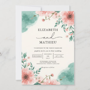 Coral Bloom Watercolor Border Wedding Invitation