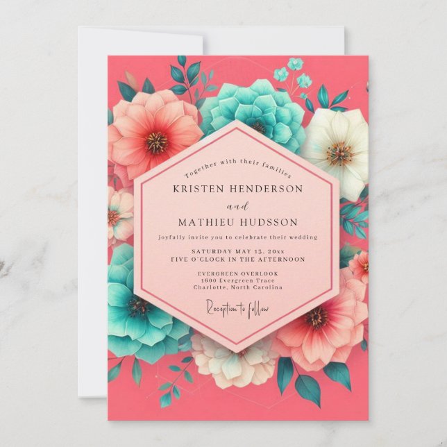 Coral Bloom Whimsy Wedding Invitation (Front)
