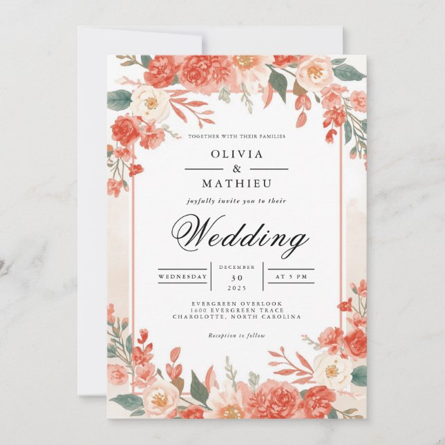 Coral Blossom Archway Wedding Invitation (Front)