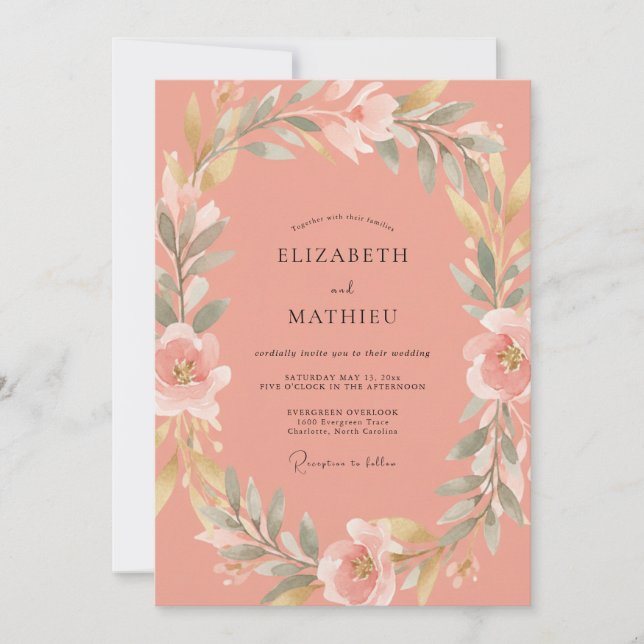 Coral Blossom Romantic Flourish Wedding Invitation (Front)