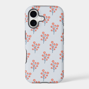 Coral Blossom Sprigs on Misty Blue Pattern 
