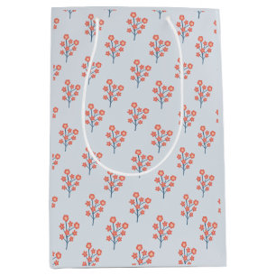 Coral Blossom Sprigs on Misty Blue Pattern Medium Gift Bag