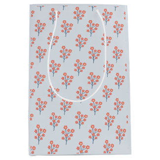 Coral Blossom Sprigs on Misty Blue Pattern Medium Gift Bag